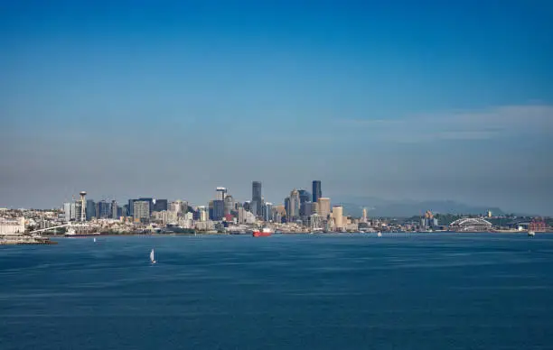 Photo of Seattle skyline view from  Elliott Bay, Puget Sound, Washington State, USA