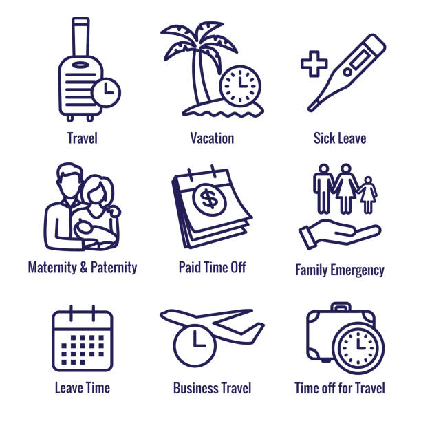 Paid Family Leave Benefits - PFL Benefits include sick time, paid time off, vacation benefits, death in the family, maternity, paternity leave, and other PTO Paid Family Leave Benefits - PFL Benefits - sick time, paid time off, vacation benefits, death in the family, maternity, paternity leave, other PTO paternity stock illustrations