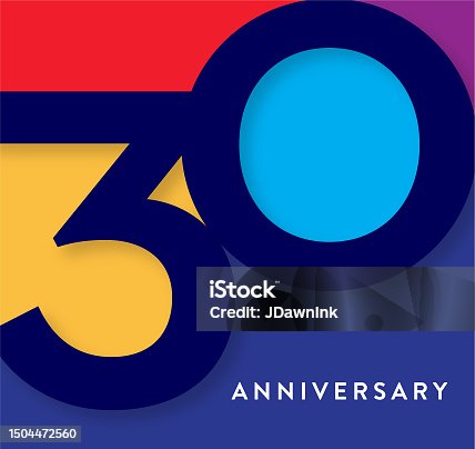 istock 30 Year Anniversary square label geometric typography design with vibrant colors 1504472560