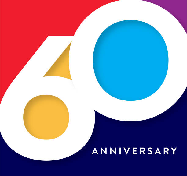 ilustrações, clipart, desenhos animados e ícones de 60 anos de aniversário quadrado etiqueta geométrica design tipográfico com cores vibrantes - 60th anniversary