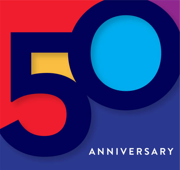 50 Year Anniversary square label geometric typography design with vibrant colors - ilustração de arte vetorial