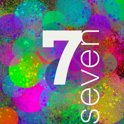 set of white number and word, multicolored background with digital painting, logo and graphic design, typography, number 7