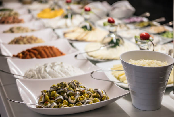 Catering cheese and appetizer buffet food in hotel restaurant