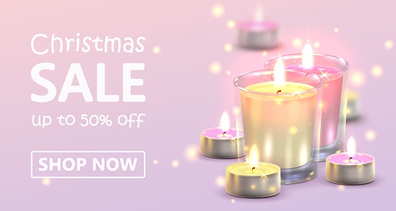 Merry Christmas and Happy New Year banner with lights and aromatic candles, tealights and text on pink background. Holiday vector illustration for sale, advertising and special discounts.