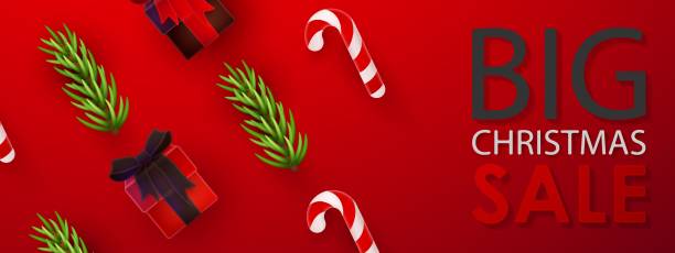 istock Banner for big christmas sale with gifts, candy cane, needles branches and text on red background. Vector Holiday illustration for postcard, banner, cards, decor, design, arts, advertising. 1504499337