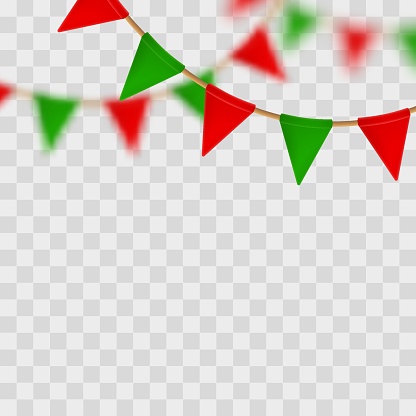 Header with garland with red and green flags and blured flags  isolated on transparent background. Elements for Merry Christmas and Happy New Year decor, design, paty, banner, poster, greeting card.