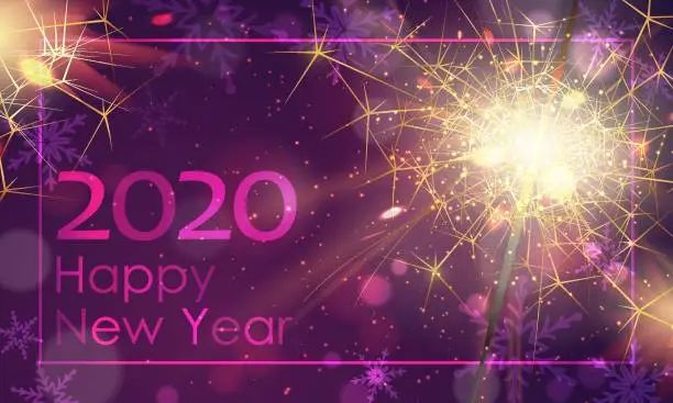 Vector illustration of 2020 happy new year banner, poster, holiday durk purple, pink background. Celebrate night party, sparkler little gold fireworks. Merry Christmas holiday design, decor. Vector illustration.