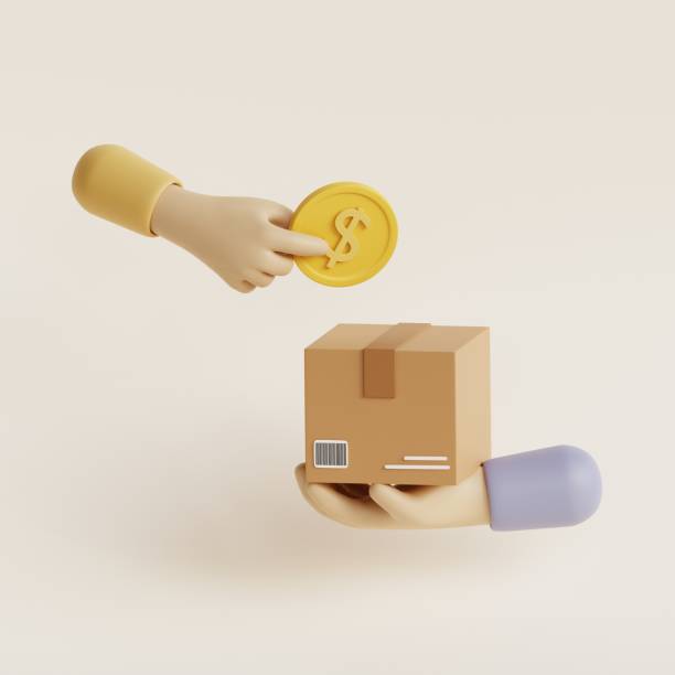 istock Cartoon hand courier giving parcel box to customer.Cash on delivery service. 3d render illustration 1504506742