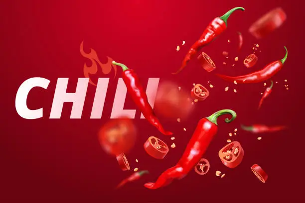 Vector illustration of Falling red chili peppers on red background. Banner design with explosion of spicy pepper and place for your text. Realistic style. Ideal for ads, packaging, website. Vector illustration.