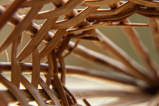 wicker basket of branches macro on an isolated background