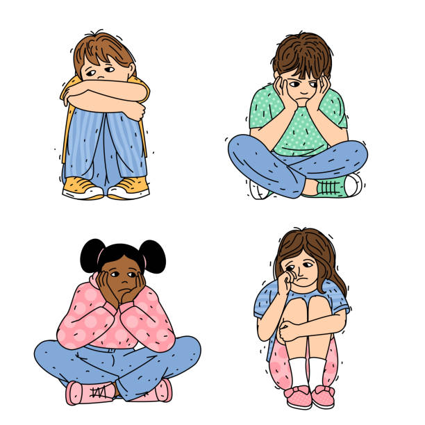 Sad children character set. Depressed sad children character set. Boys and girls looking lonely and sitting alone. Illustration of a sad child, helpless, bullying and feeling hurt and guilty. sad african child drawings stock illustrations
