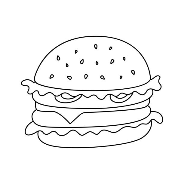 illustrations, cliparts, dessins animés et icônes de dessin animé hamburger fast-food doodle. esquisse burger, concept de street food, dessin au trait, croquis, modèle. icône noir et blanc. illustration dessinée à la main isolée sur fond blanc. - sandwich sketch cartoon line art