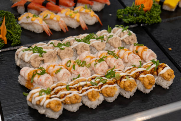istock different kind of sushis on a tray. sushi buffet. 1504545865