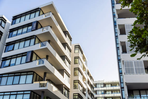 istock Modern highrise apartment buildings, background with copy space 1504551109