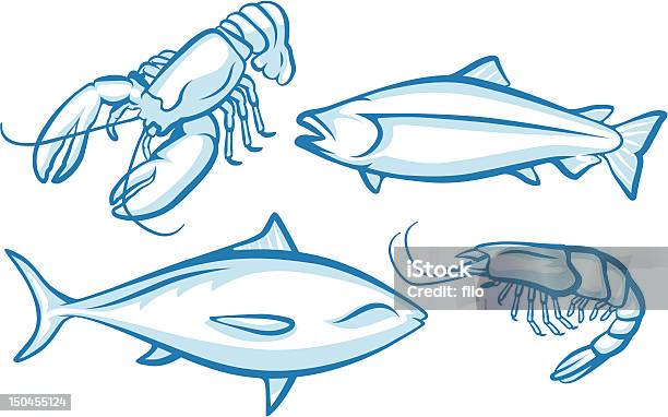 Ilustración de Pescados Y Mariscos De Los Animales y más Vectores Libres de Derechos de Atún - Pescado - Atún - Pescado, Industria de la pesca, Camarón - Animal
