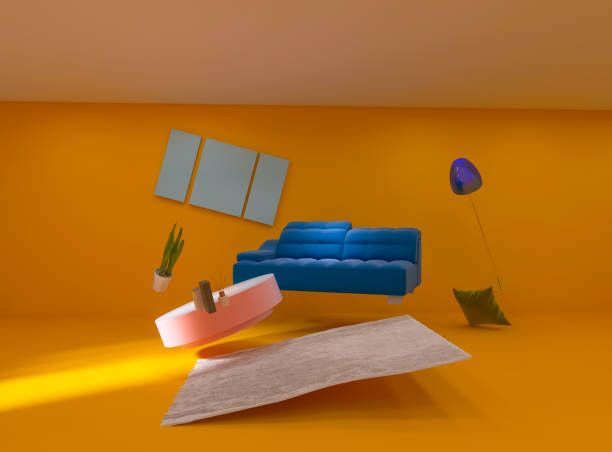 istock Room interior flying furniture 3d render, 3d illustration 1504586487