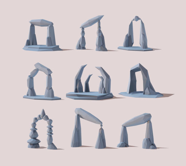 스톤 포털 로우 폴리 세트 - cairn stacking stone rock stock illustrations