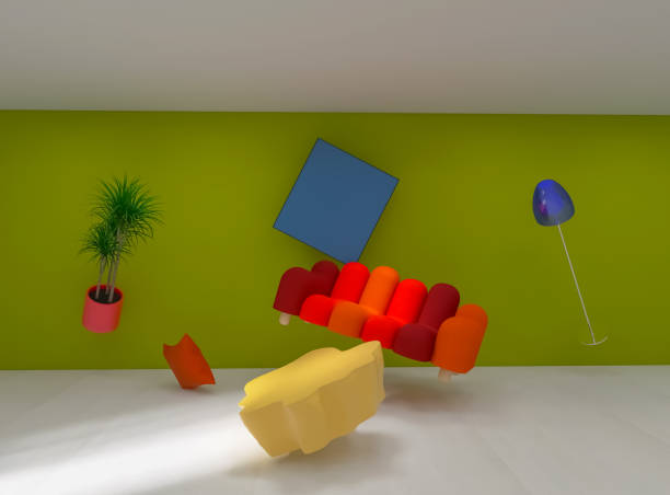 istock Room interior flying furniture 3d render, 3d illustration 1504589224