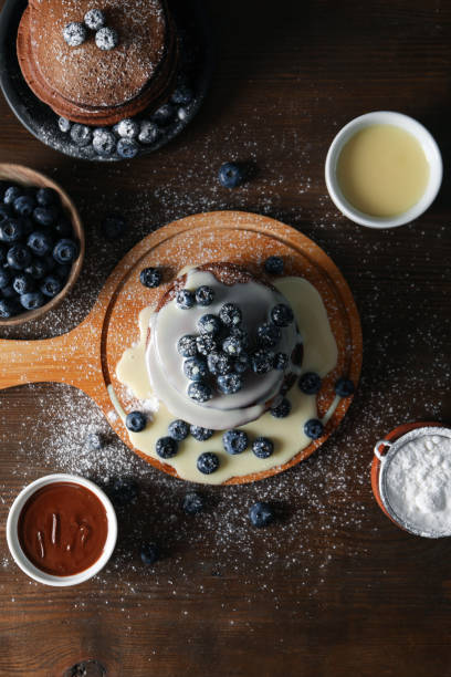Concept of sweet food, chocolate pancakes, top view