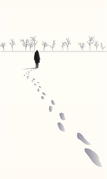 Footsteps in the snow behind a person walking towards trees vector art illustration