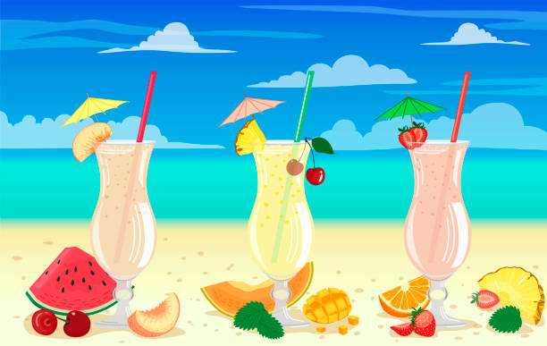 векторная иллюстрация молочных коктейлей с фруктами на фоне моря, песка и голубого неба. подходит для принтов, баннеров, открыток, скрапбук� - glass water freshness tonic water stock illustrations