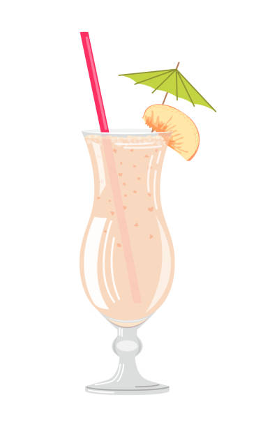 векторная иллюстрация молочного коктейля с долькой персика и зонтиком на белом фоне в плоском стиле. - glass water freshness tonic water stock illustrations