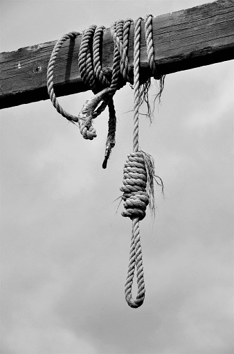 A vertical grayscale shot of a rope noose hanging on a wooden fence