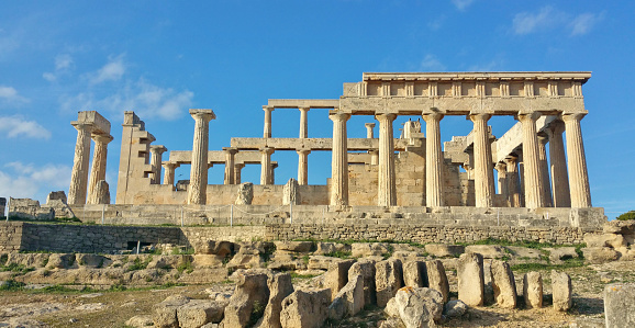 ruins of columns on the Greek island of Aegina in the mediterranean sea