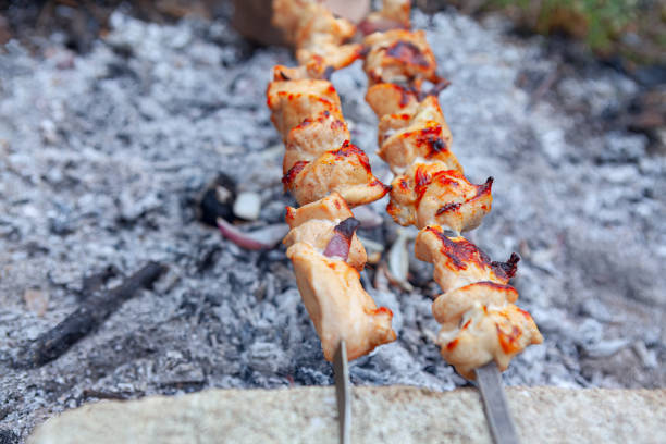 Shish kebab on skewers cooked on the coals