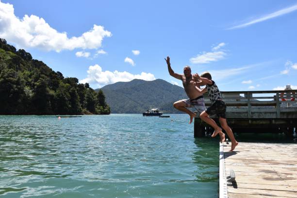 Father and Son Jumping from Jetty into Sea A father holds hands with his child as they jump from jetty into the sea in summer. Taken in the Marlborough Sounds of New Zealand's South Island. marlborough new zealand stock pictures, royalty-free photos & images