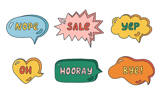 Trendy speech bubbles set with hand drawn talk phrases in the different shapes. Online chat clouds with dialog words Nope, Sale, Oh, Yep, Hooray, Bye. Oval, round, square, cloud, heart shaped bubble