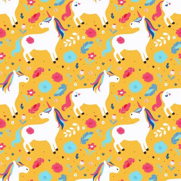 Vector illustration of Seamless pattern with unicorns and flowers. Seamless vector with colorful fairy unicorns and flowers on yellow background for fabric print or packaging