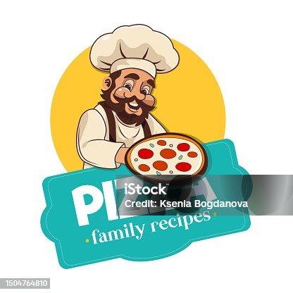 istock Vector illustration of an Italian chef holding a pizza. Table with pizza written on it. Picture with a nice nice chef for a cafe or a pizza delivery package print. 1504764810