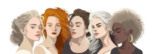 Vector illustration of Group portrait of a five beautiful girls with various hair color and style