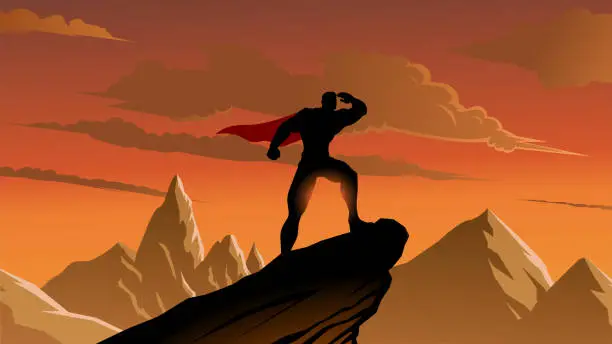 Vector illustration of Vector Superhero Looking at Far Away Silhouette with Mountain Range in the Background Stock Illustration