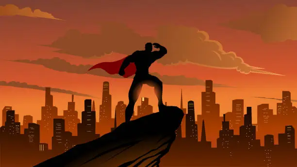 Vector illustration of Vector Superhero Looking at Far Away Silhouette in a City Stock Illustration