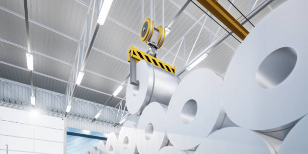 istock 3d rendering of roll steel and overhead crane in manufacturing or production process. 1504811033