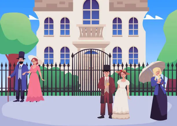 Vector illustration of Victorian era people and building, flat vector illustration.