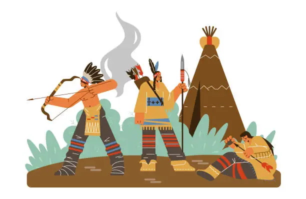 Vector illustration of Vector cartoon illustration Native american warrior, hunter with weapons in traditional clothing, tribal wigwam