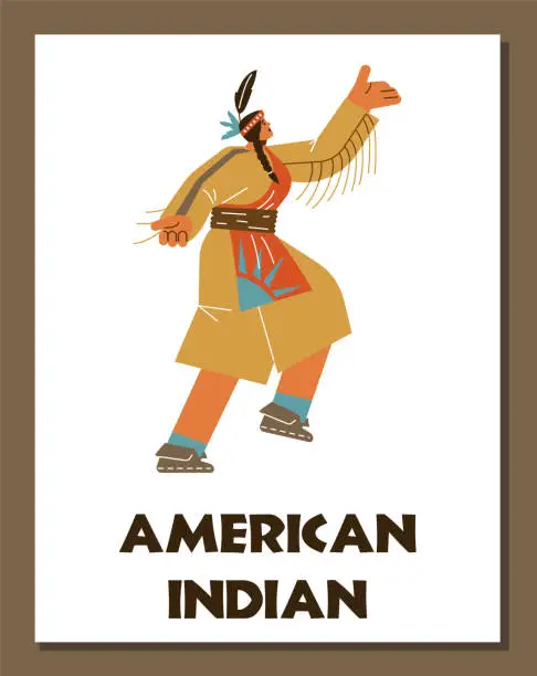 Vector illustration of Native american woman dancing traditional tribal dance in ethnic clothes with feather, Vector illustration