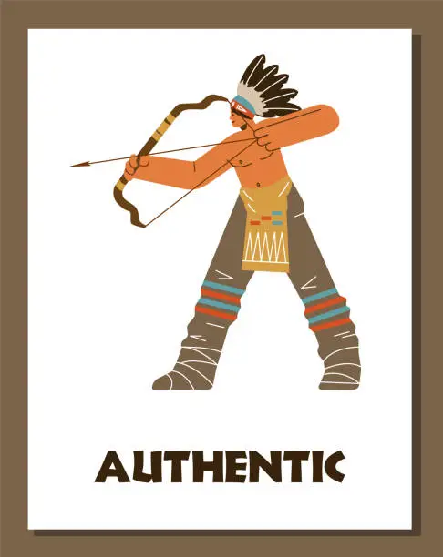 Vector illustration of Vector cartoon poster with Native American archer shooting with bow and arrows in traditional ethnic clothes