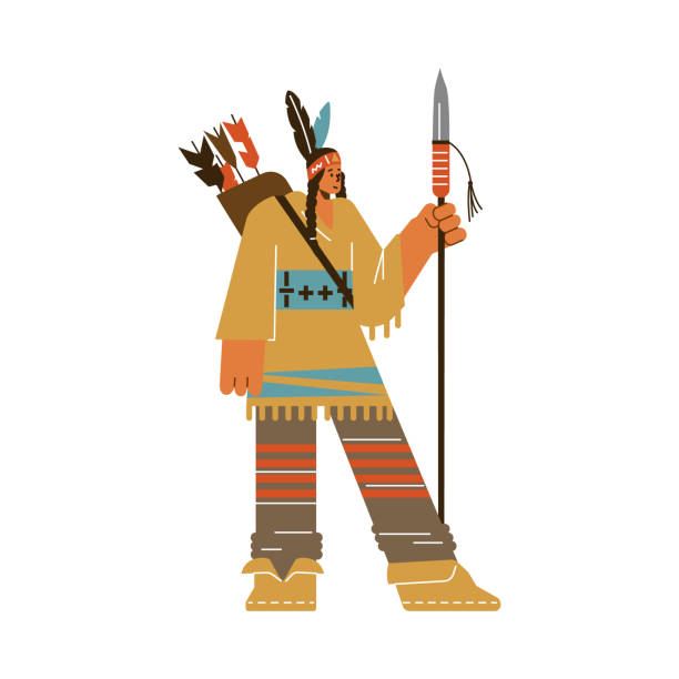 istock American woman with spear, flat vector illustration isolated on white background. Native American warrior in traditional clothes. Indigenous people of America. 1504811878