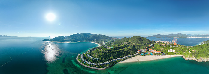 Drone view panorama Hon Tre island in summer - Nha Trang city, Khanh Hoa province, central Vietnam