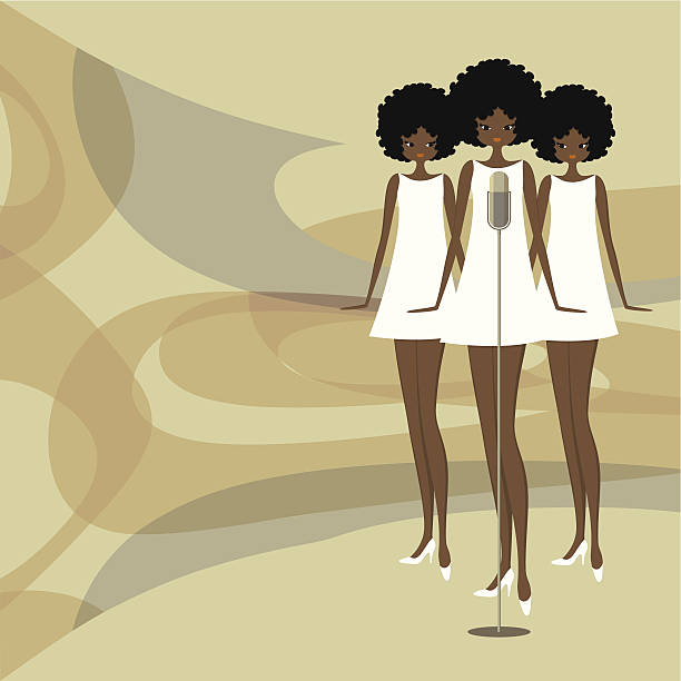 Retro music group Three women singing on a stage. Retro style.  60s style dresses stock illustrations