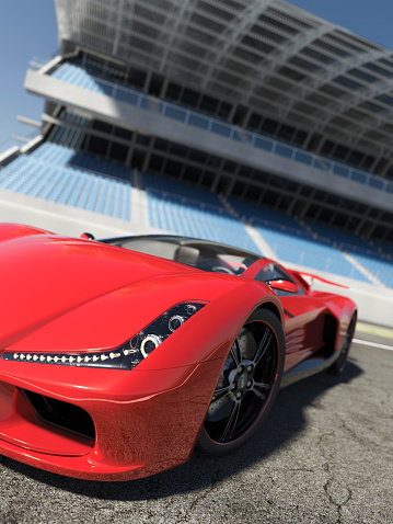 A red sports car on a race track. The car and the entire scene are designed and modelled by myself. Very high resolution 3D render. All markings are ficticious.