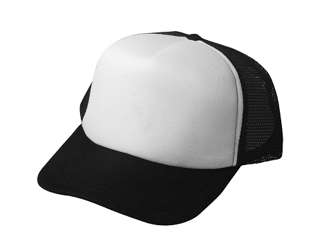 White and black trucker cap hat mockup template, isolated cut out