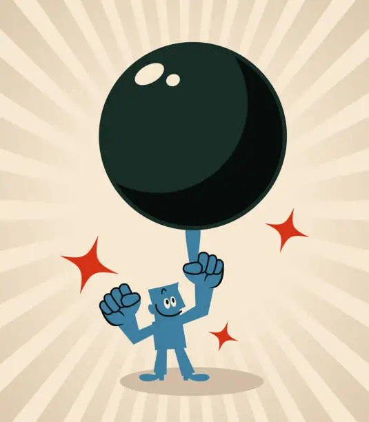 Vector illustration of A powerful man easily lifts a large iron ball with his index finger