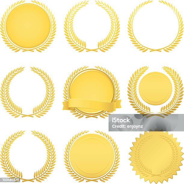 Ilustración de Golden Laurel Wreaths y más Vectores Libres de Derechos de Laurel - Laurel, Dorado - Color, Oro - Metal