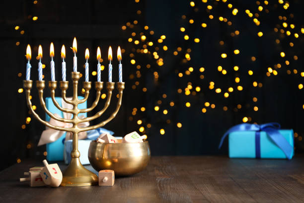 сoncept of jewish holiday, hanukkah, space for text - hanukkah candles imagens e fotografias de stock