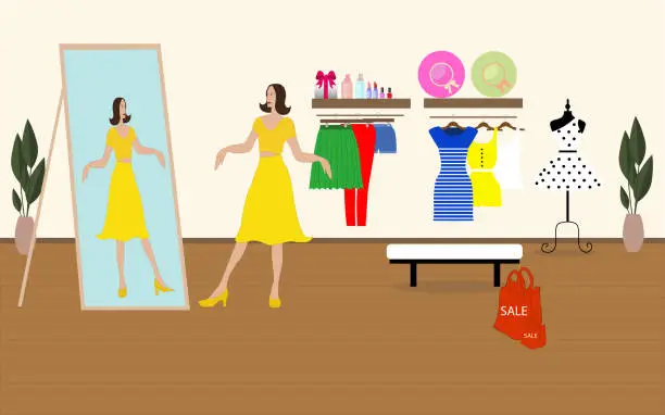 Vector illustration of young woman trying on dress in boutique